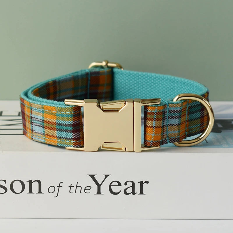 "Customizable! Designer Plaid Dog Collar with Bow Tie – Luxury Pet Collar & Leash Set"