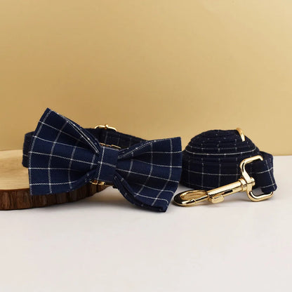 "Customizable! Designer Plaid Dog Collar with Bow Tie – Luxury Pet Collar & Leash Set"