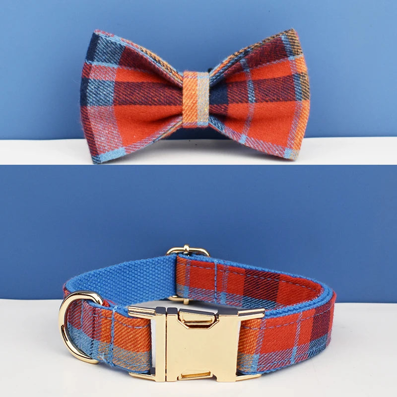 "Customizable! Designer Plaid Dog Collar with Bow Tie – Luxury Pet Collar & Leash Set"