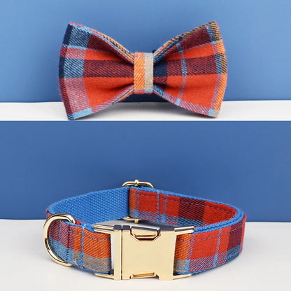 "Customizable! Designer Plaid Dog Collar with Bow Tie – Luxury Pet Collar & Leash Set"