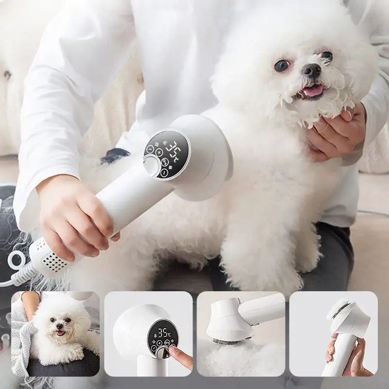 "Smart 2-in-1 Dog Hair Dryer & Comb – Low Noise with Temperature Display"