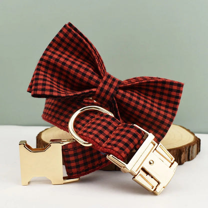 "Customizable! Designer Plaid Dog Collar with Bow Tie – Luxury Pet Collar & Leash Set"