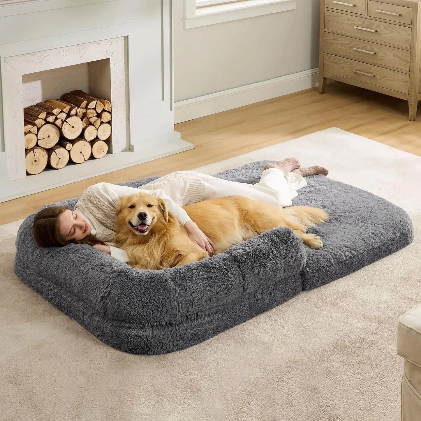 Human Dog Bed for People Adults, 2 in 1 Calming Human Size Giant Dog Bed Fits Pet Families with Egg Foam Supportive Mat and