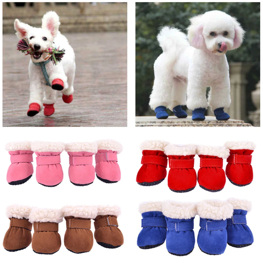 4pcs/set Plush Pet Dog Shoes winter