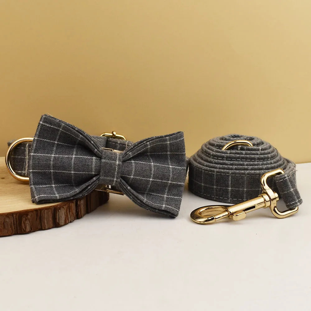 "Customizable! Designer Plaid Dog Collar with Bow Tie – Luxury Pet Collar & Leash Set"