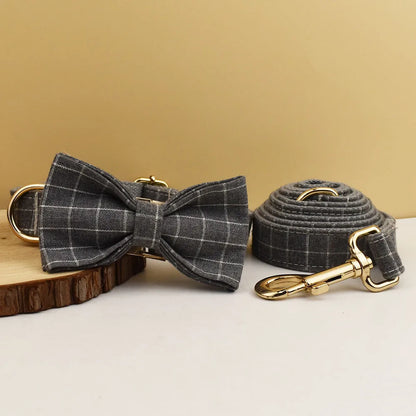 "Customizable! Designer Plaid Dog Collar with Bow Tie – Luxury Pet Collar & Leash Set"