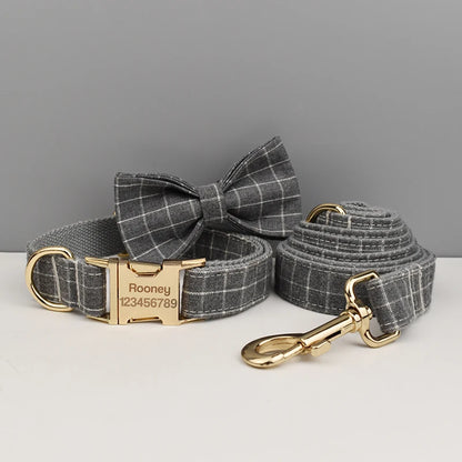 "Customizable! Designer Plaid Dog Collar with Bow Tie – Luxury Pet Collar & Leash Set"