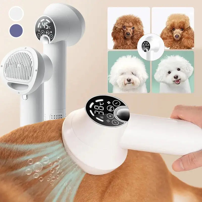 "Smart 2-in-1 Dog Hair Dryer & Comb – Low Noise with Temperature Display"