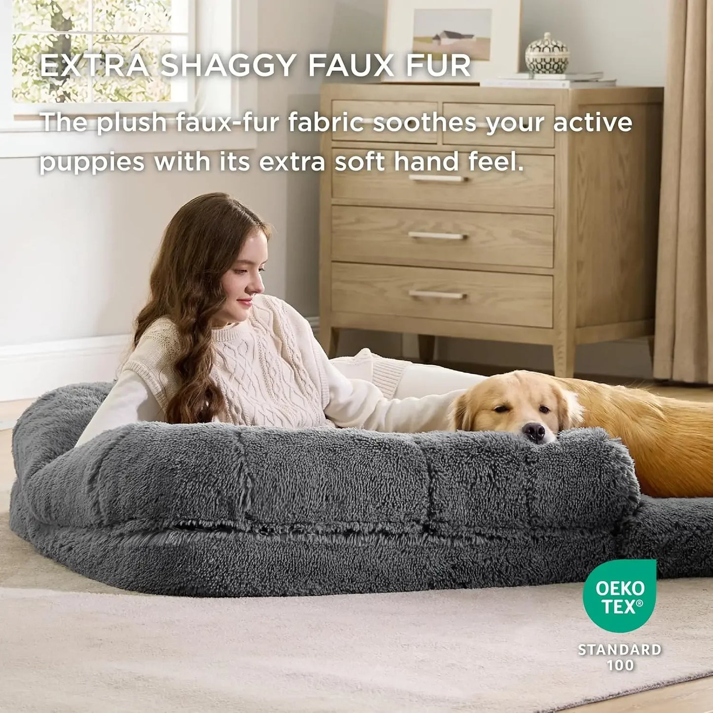 Human Dog Bed for People Adults, 2 in 1 Calming Human Size Giant Dog Bed Fits Pet Families with Egg Foam Supportive Mat and