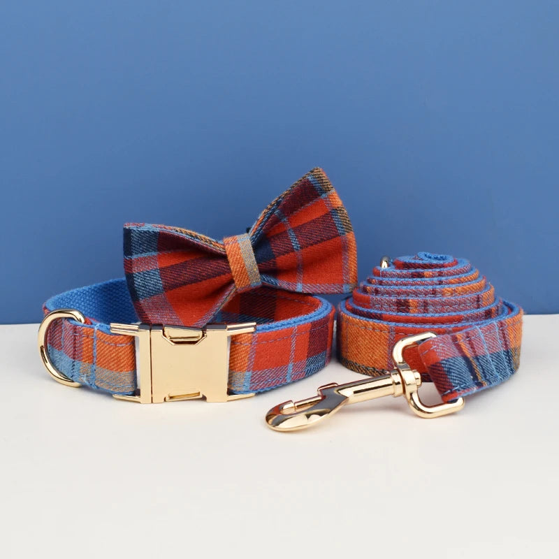 "Customizable! Designer Plaid Dog Collar with Bow Tie – Luxury Pet Collar & Leash Set"