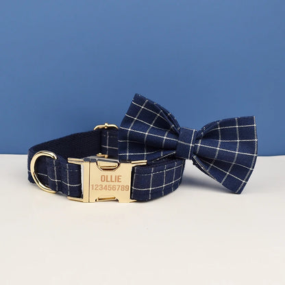 "Customizable! Designer Plaid Dog Collar with Bow Tie – Luxury Pet Collar & Leash Set"