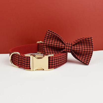 "Customizable! Designer Plaid Dog Collar with Bow Tie – Luxury Pet Collar & Leash Set"