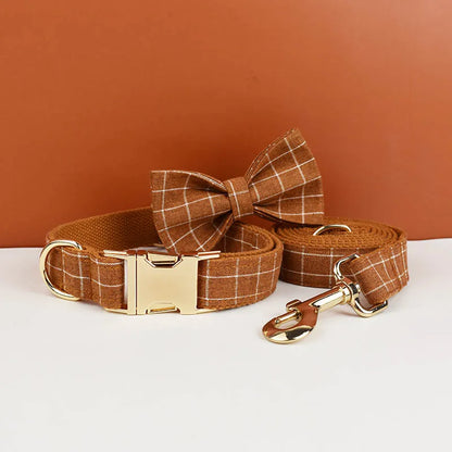 "Customizable! Designer Plaid Dog Collar with Bow Tie – Luxury Pet Collar & Leash Set"