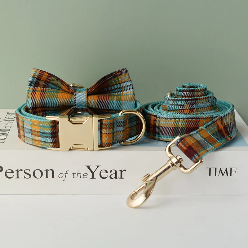 "Customizable! Designer Plaid Dog Collar with Bow Tie – Luxury Pet Collar & Leash Set"