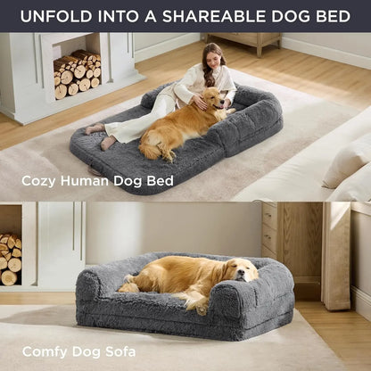 Human Dog Bed for People Adults, 2 in 1 Calming Human Size Giant Dog Bed Fits Pet Families with Egg Foam Supportive Mat and