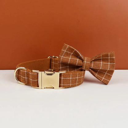 "Customizable! Designer Plaid Dog Collar with Bow Tie – Luxury Pet Collar & Leash Set"