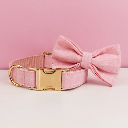 "Customizable! Designer Plaid Dog Collar with Bow Tie – Luxury Pet Collar & Leash Set"