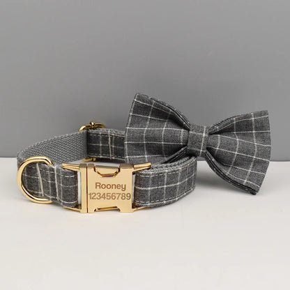 "Customizable! Designer Plaid Dog Collar with Bow Tie – Luxury Pet Collar & Leash Set"