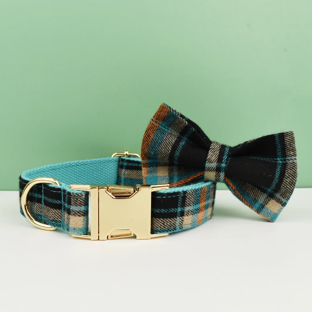 "Customizable! Designer Plaid Dog Collar with Bow Tie – Luxury Pet Collar & Leash Set"