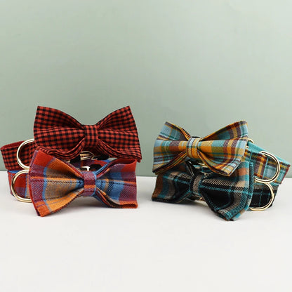 "Customizable! Designer Plaid Dog Collar with Bow Tie – Luxury Pet Collar & Leash Set"